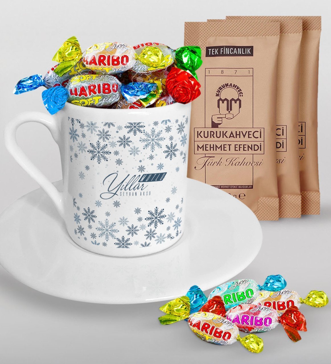 Kişiye Özel Yılbaşı Mutlu Yıllar Türk Kahvesi Fincanı Mehmet Efendi Kahve ve Haribo Şeker Hediye Seti-17