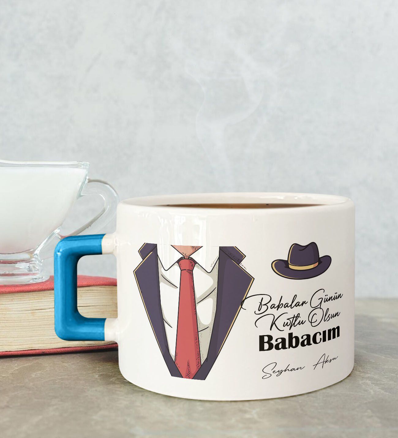 BK Gift Kişiye Özel Babalar Günü Tasarımlı Mavi Kulplu Çay & Kahve Fincanı-4, Babaya Hediye, Babalar Günü Hediyesi