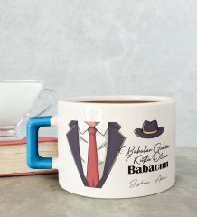 BK Gift Kişiye Özel Babalar Günü Tasarımlı Mavi Kulplu Çay & Kahve Fincanı-4, Babaya Hediye, Babalar Günü Hediyesi