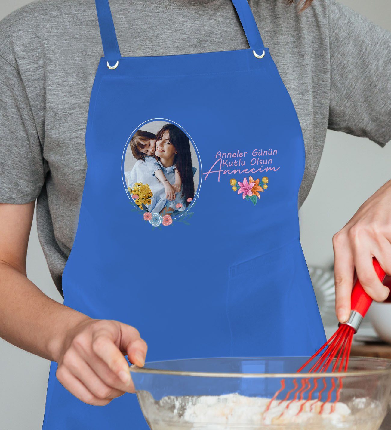 BK Gift Kişiye Özel Fotoğraflı Anneler Günü Tasarımlı Profesyonel Mavi Mutfak Önlüğü, Aşçı Önlüğü, Şef Önlüğü, Anneye Hediye-1