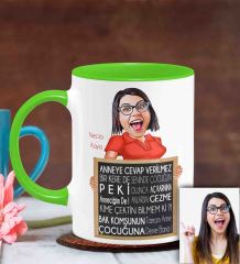 Kişiye Özel Anneler Günü Temalı Karikatürlü Yeşil Kupa Bardak Y6
