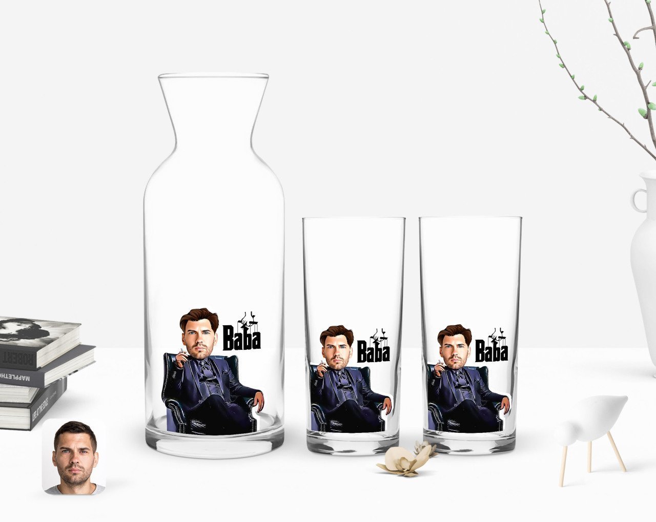 Kişiye Özel Renkli Baskılı Godfather Baba Karikatürlü İkili Rakı Bardağı ve Karaf Hediye Seti-9