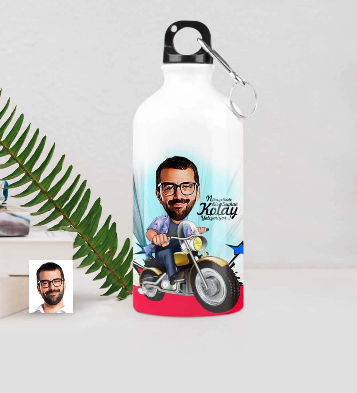 Kişiye Özel Bay Motorcu Karikatürlü Metal Suluk (500 ml.) 1