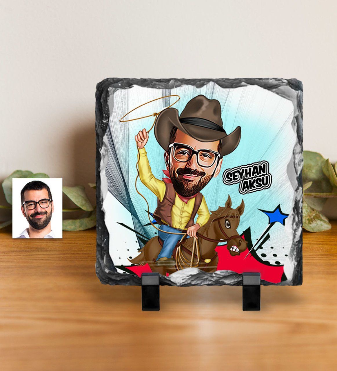 Kişiye Özel Bay Kovboy Karikatürlü Dekoratif Doğal Taş