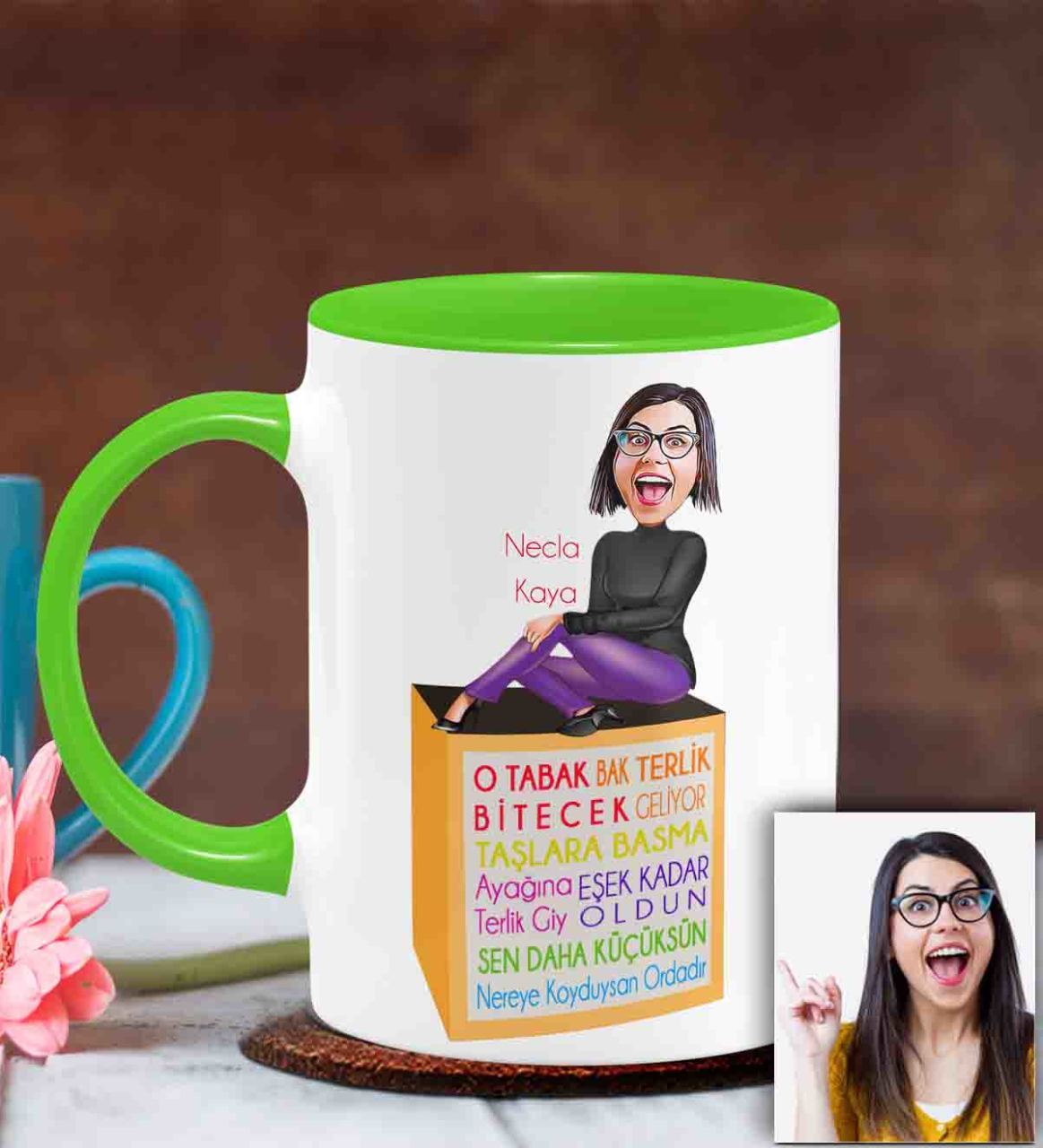 Kişiye Özel Anneler Günü Temalı Karikatürlü Yeşil Kupa Bardak Y5