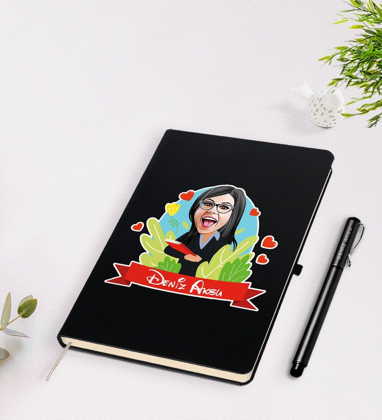 BK Gift Kişiye Özel Öğretmen Karikatürlü Siyah Defter Kalem Seti - 7