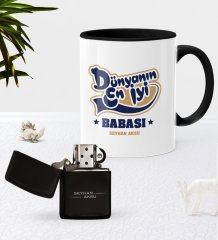 Kişiye Özel Dünyanın En İyi Babası Siyah Kupa Bardak Benzinli Metal Çakmak Seti-2