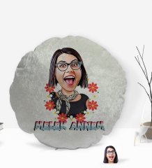Kişiye Özel Melek Annem Karikatürlü Yuvarlak Dekoratif Kırlent Yastık-1
