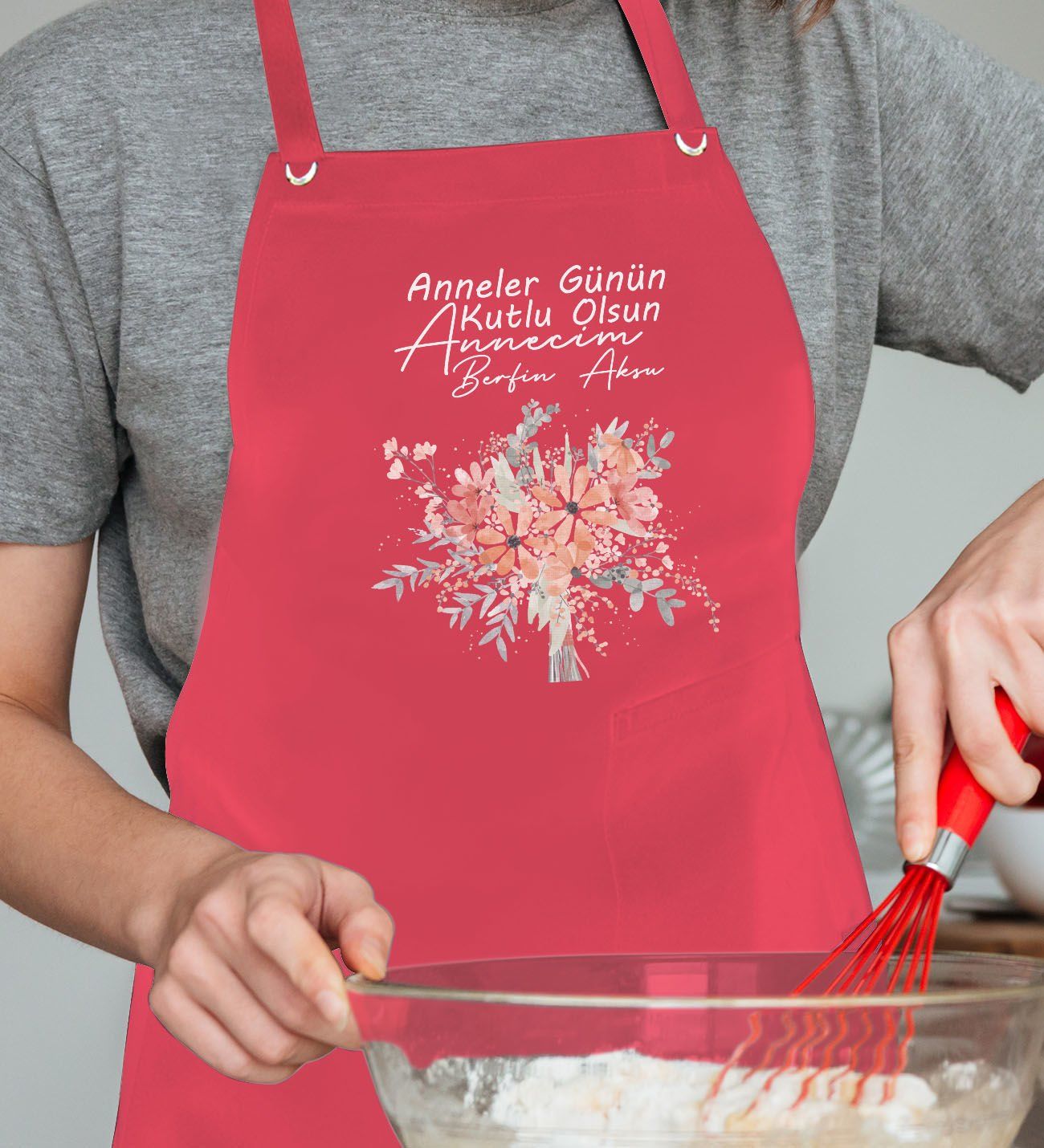 BK Gift Kişiye Özel İsimli Anneler Günü Tasarımlı Profesyonel Kırmızı Mutfak Önlüğü, Aşçı Önlüğü, Şef Önlüğü, Anneye Hediye-19