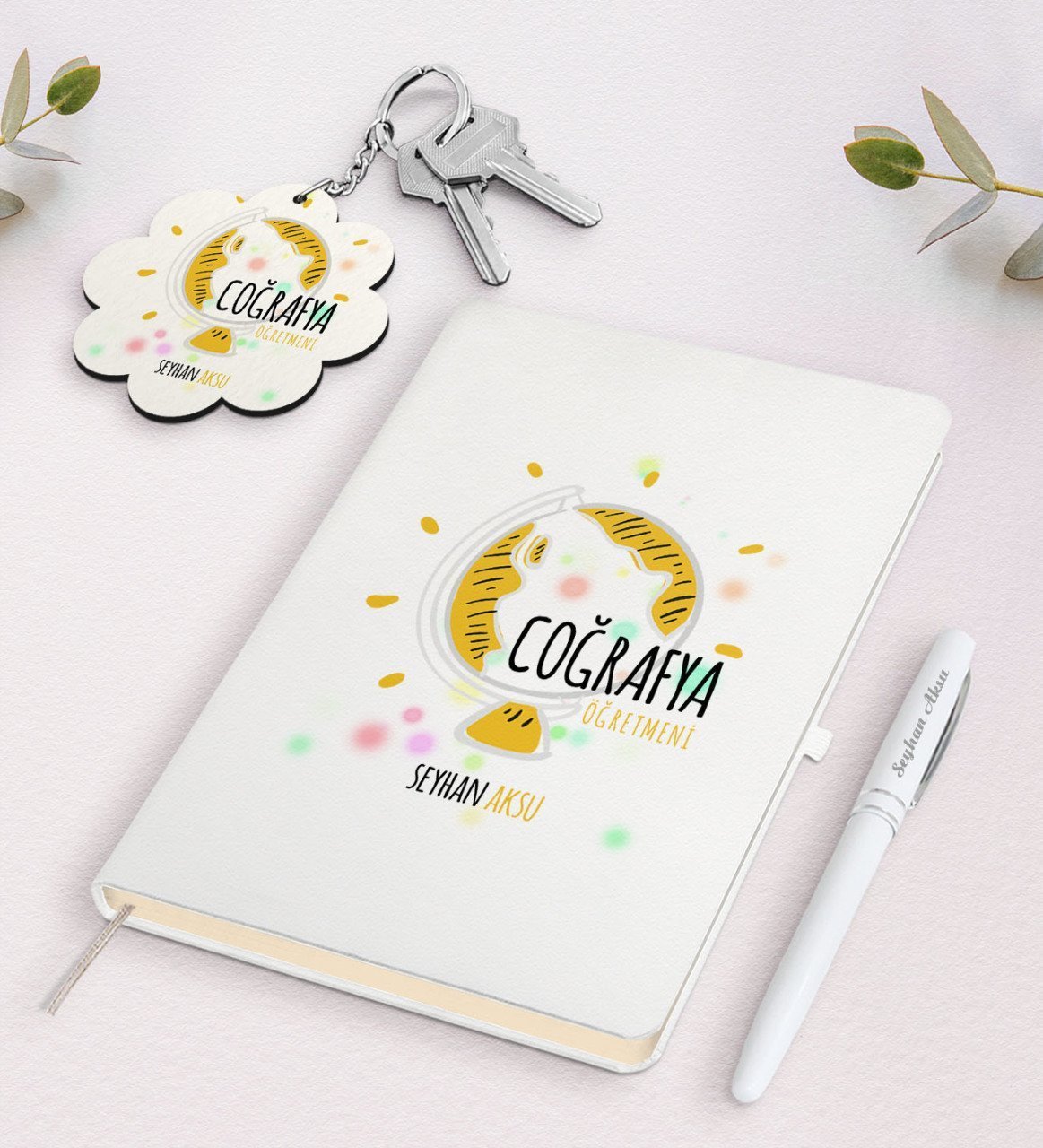 Kişiye Özel Coğrafya Öğretmeni Beyaz Defter Kalem Ve Anahtarlık Hediye Seti-3