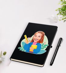 BK Gift Kişiye Özel Öğretmen Karikatürlü Siyah Defter Kalem Seti - 6