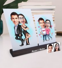 Kişiye Özel 2 Fotoğraflı Karikatürlü Ahşap Stand