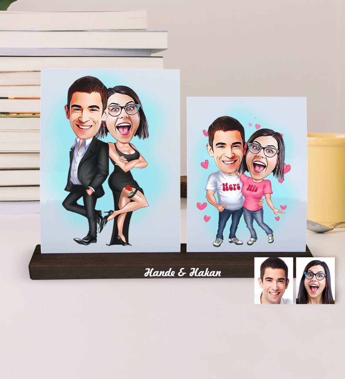 Kişiye Özel 2 Fotoğraflı Karikatürlü Ahşap Stand