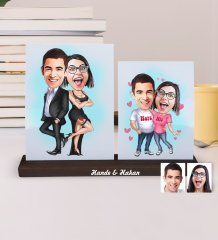 Kişiye Özel 2 Fotoğraflı Karikatürlü Ahşap Stand