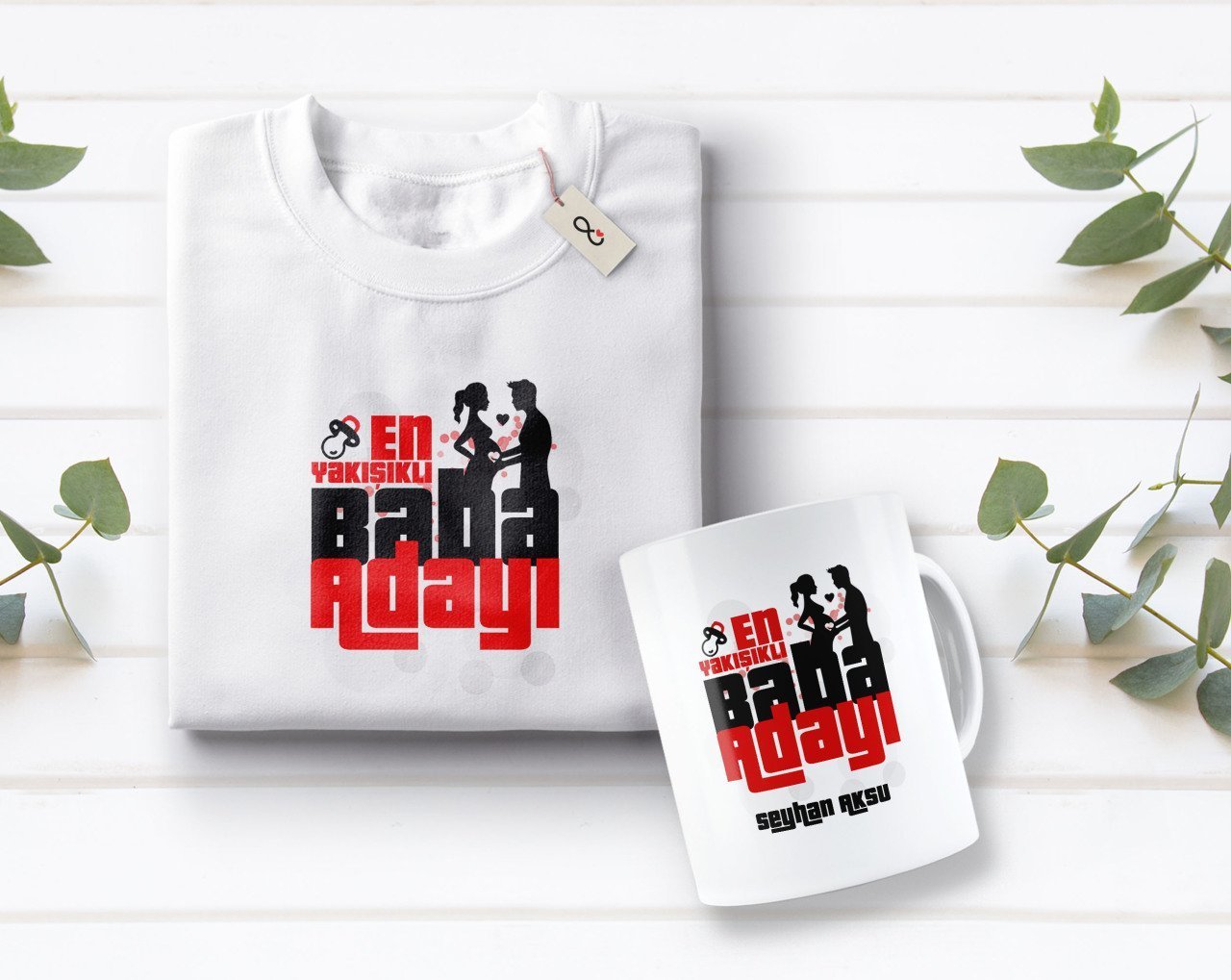 Kişiye Özel En Yakışıklı Baba Adayı Tasarımlı Beyaz Tişört ve Kupa Seti-1