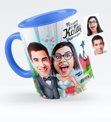 Kişiye Özel Evleniyoruz Karikatürlü Mavi Kupa Bardak - 1
