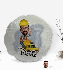Kişiye Özel İsimli Erkek Yol Mühendisi Karikatürlü Yuvarlak Dekoratif Kırlent Yastık-1
