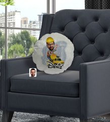 Kişiye Özel İsimli Erkek Yol Mühendisi Karikatürlü Yuvarlak Dekoratif Kırlent Yastık-1