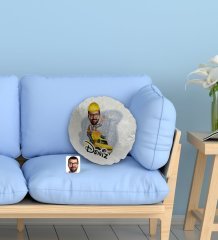 Kişiye Özel İsimli Erkek Yol Mühendisi Karikatürlü Yuvarlak Dekoratif Kırlent Yastık-1