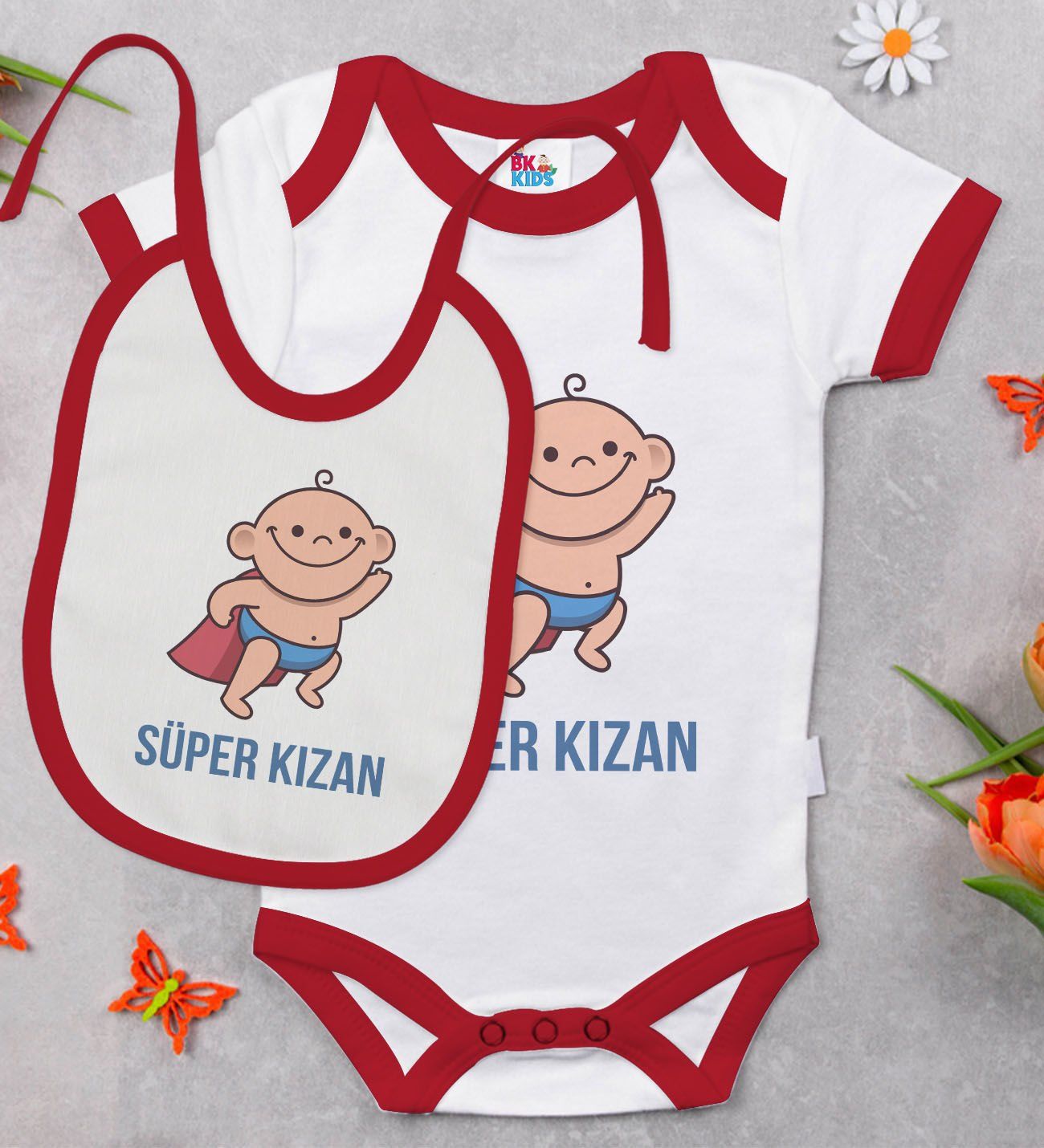 BK Kids Süper Kızan Tasarımlı Kırmızı Bebek Body Zıbın ve Mama Önlüğü Hediye Seti-1