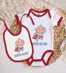 BK Kids Süper Kızan Tasarımlı Kırmızı Bebek Body Zıbın ve Mama Önlüğü Hediye Seti-1