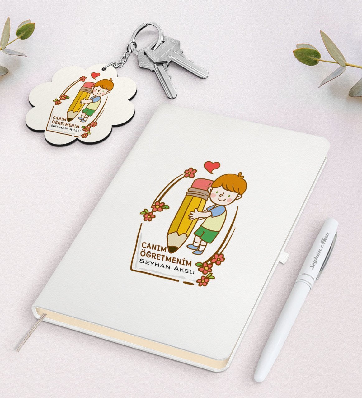 Kişiye Özel Canım Öğretmenim Beyaz Defter Kalem Ve Anahtarlık Hediye Seti-4