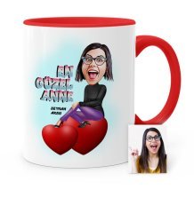 Kişiye Özel En Güzel Anne Karikatür Kırmızı Kupa Bardak