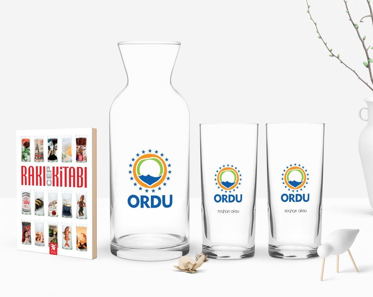 Kişiye Özel Renkli Baskılı Ordu Tasarımlı Turistik İkili Rakı Bardağı Karaf ve Cep Kitabı Hediye Seti-1