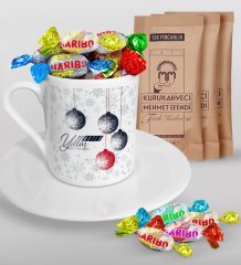 Kişiye Özel Yılbaşı Mutlu Yıllar Türk Kahvesi Fincanı Mehmet Efendi Kahve ve Haribo Şeker Hediye Seti-13