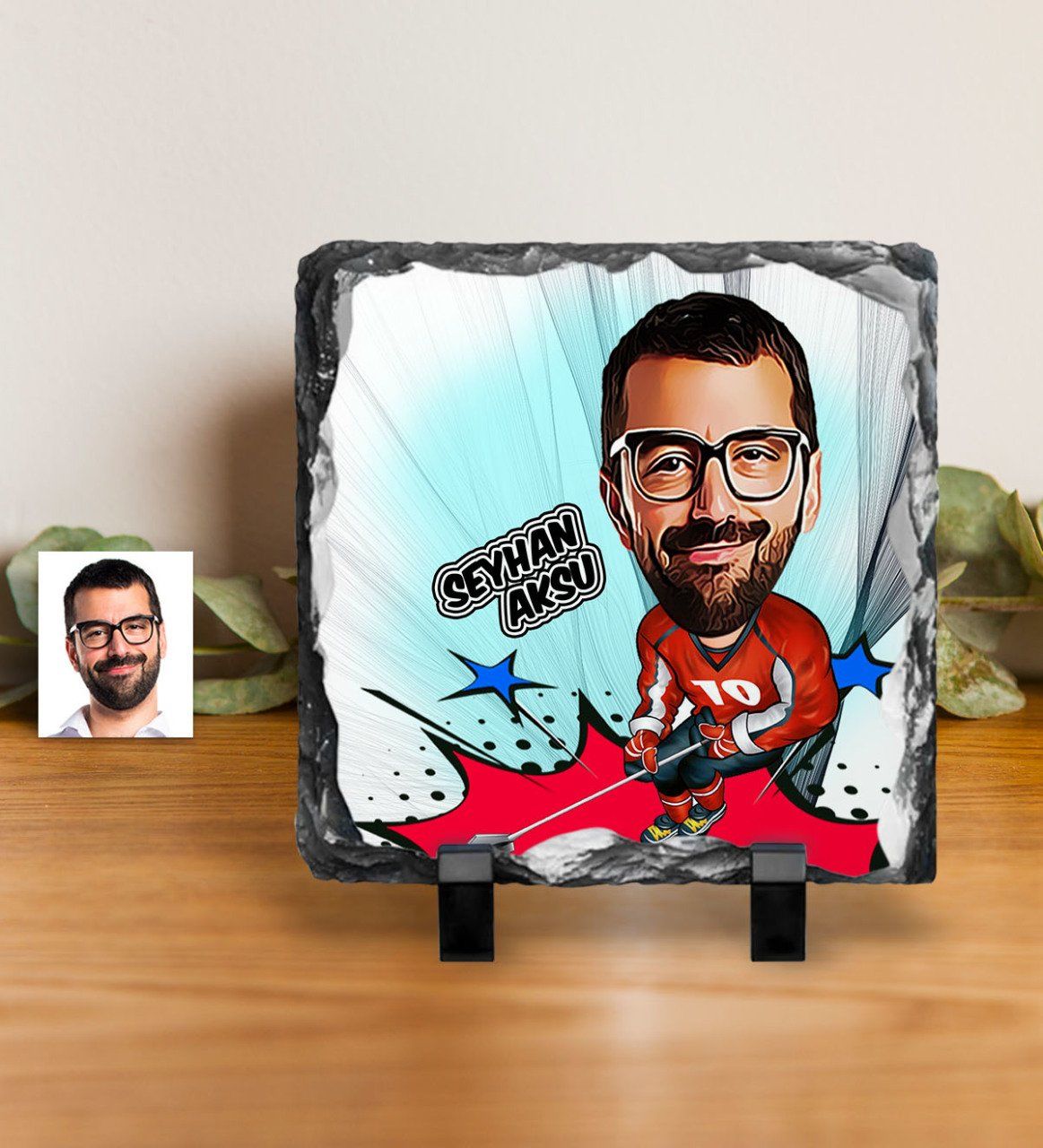 Kişiye Özel Bay Hokey Oyuncusu Karikatürlü Dekoratif Doğal Taş
