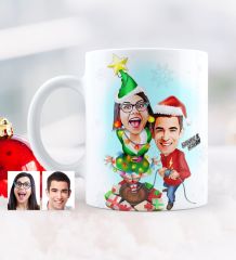 Kişiye Özel Yılbaşı Temalı Sevgililer Karikatürlü Beyaz Kupa Bardak - 1