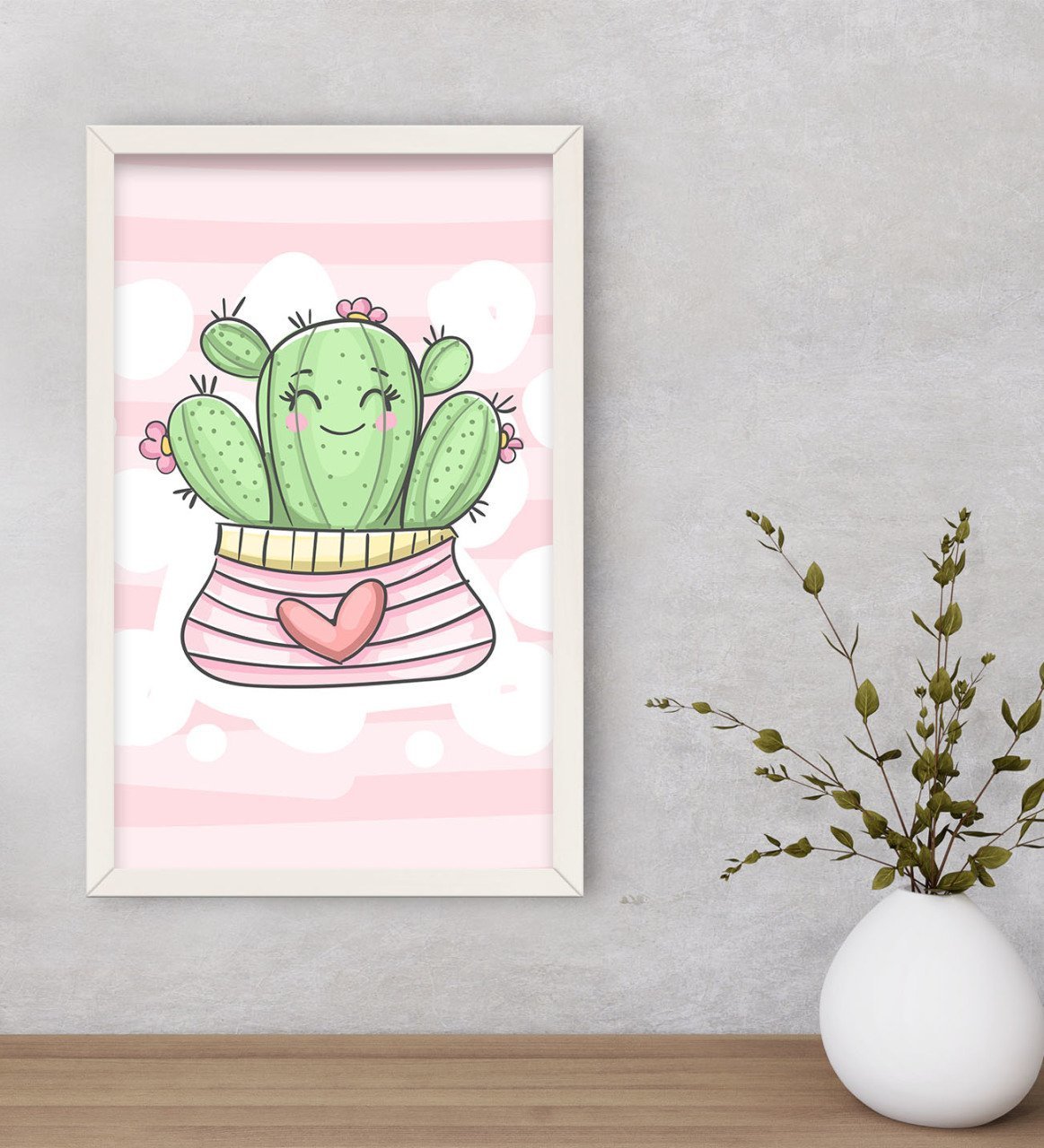 BK Gift Kaktüs Tasarımlı Dekoratif Ahşap Beyaz Çerçeveli Tablo-2