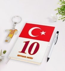 Kişiye Özel Sarı-Kırmızı Tasarımlı İsimli Defter kalem ve Formalı Metal Anahtarlık Model 2