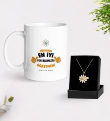 Kişiye Özel Fen Bilimleri Öğretmeni Beyaz Kupa ve Papatya Kolye Hediye Seti-1