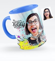 Kişiye Özel Bayan Karikatürlü Mavi Kupa Bardak - 8