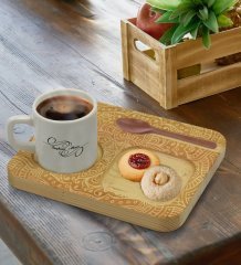 Kişiye Özel Doğal Ahşap Sunum Tabağı ve Türk Kahvesi Fincanı Hediye Seti - Model 12