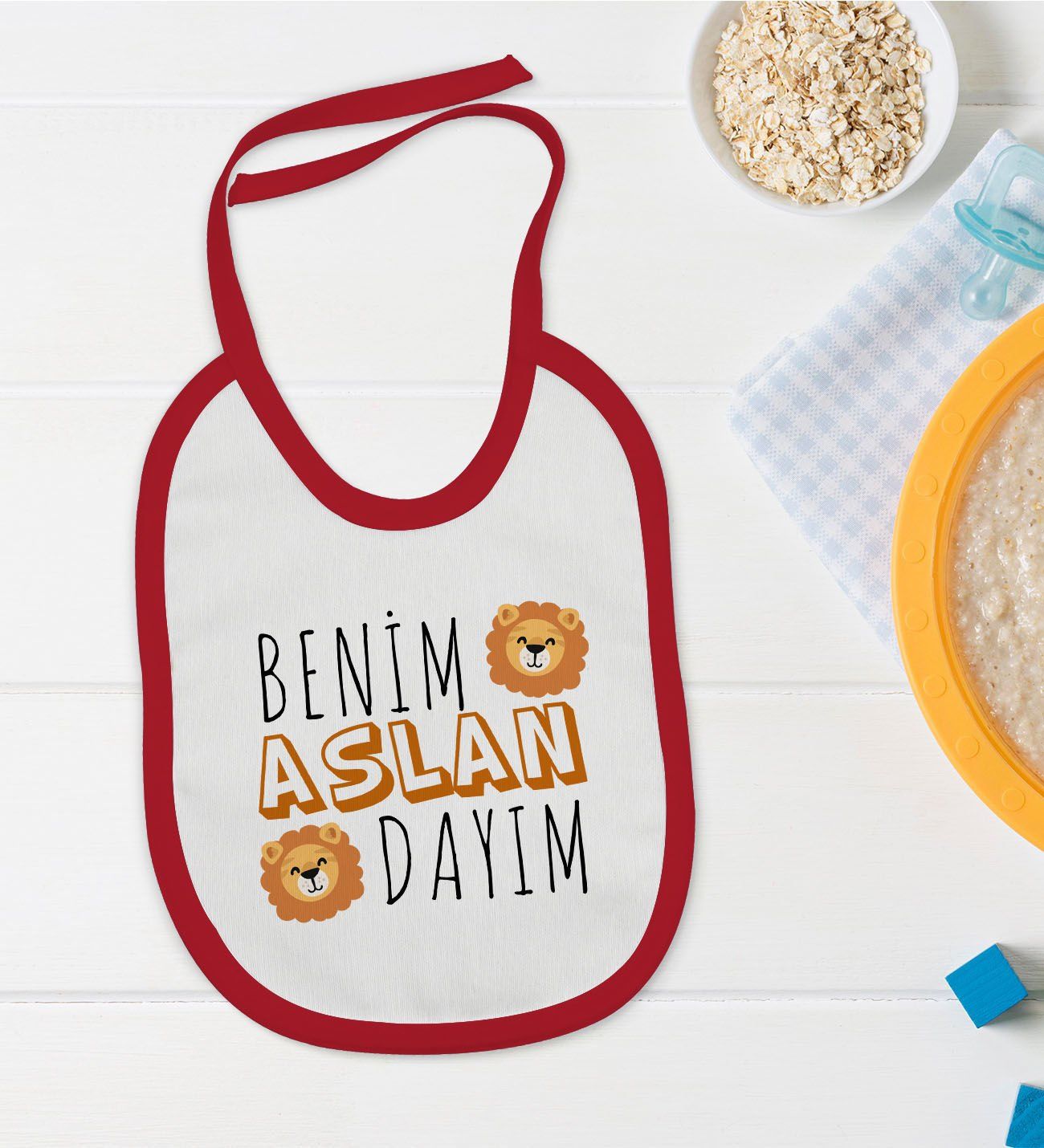 BK Kids Aslan Dayım Tasarımlı Kırmızı Bebek Mama Önlüğü-1