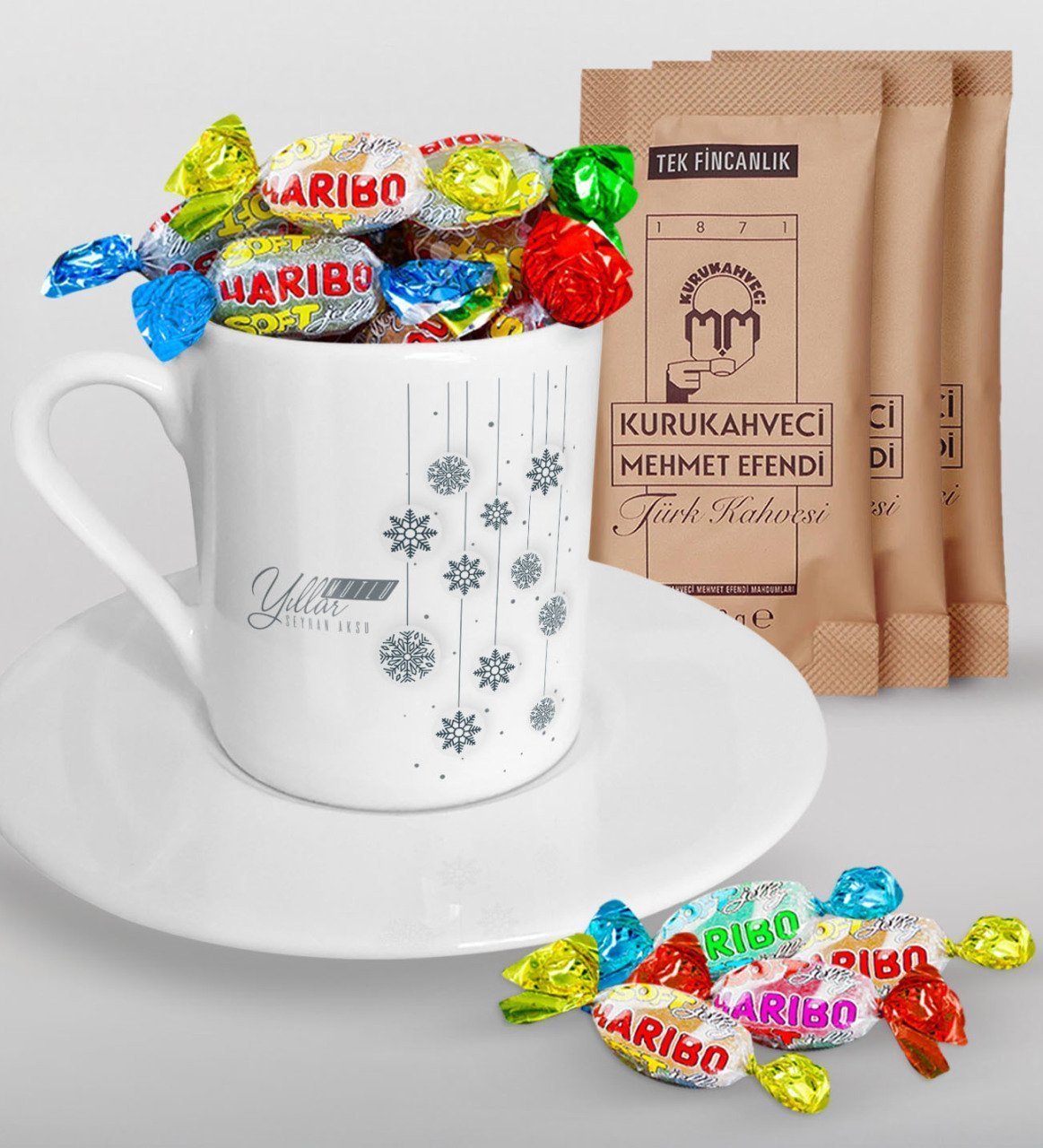 Kişiye Özel Yılbaşı Mutlu Yıllar Türk Kahvesi Fincanı Mehmet Efendi Kahve ve Haribo Şeker Hediye Seti-10