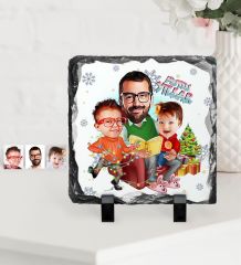 Kişiye Özel Yılbaşı Temalı Aile Karikatürlü Dekoratif Doğal Taş - 1