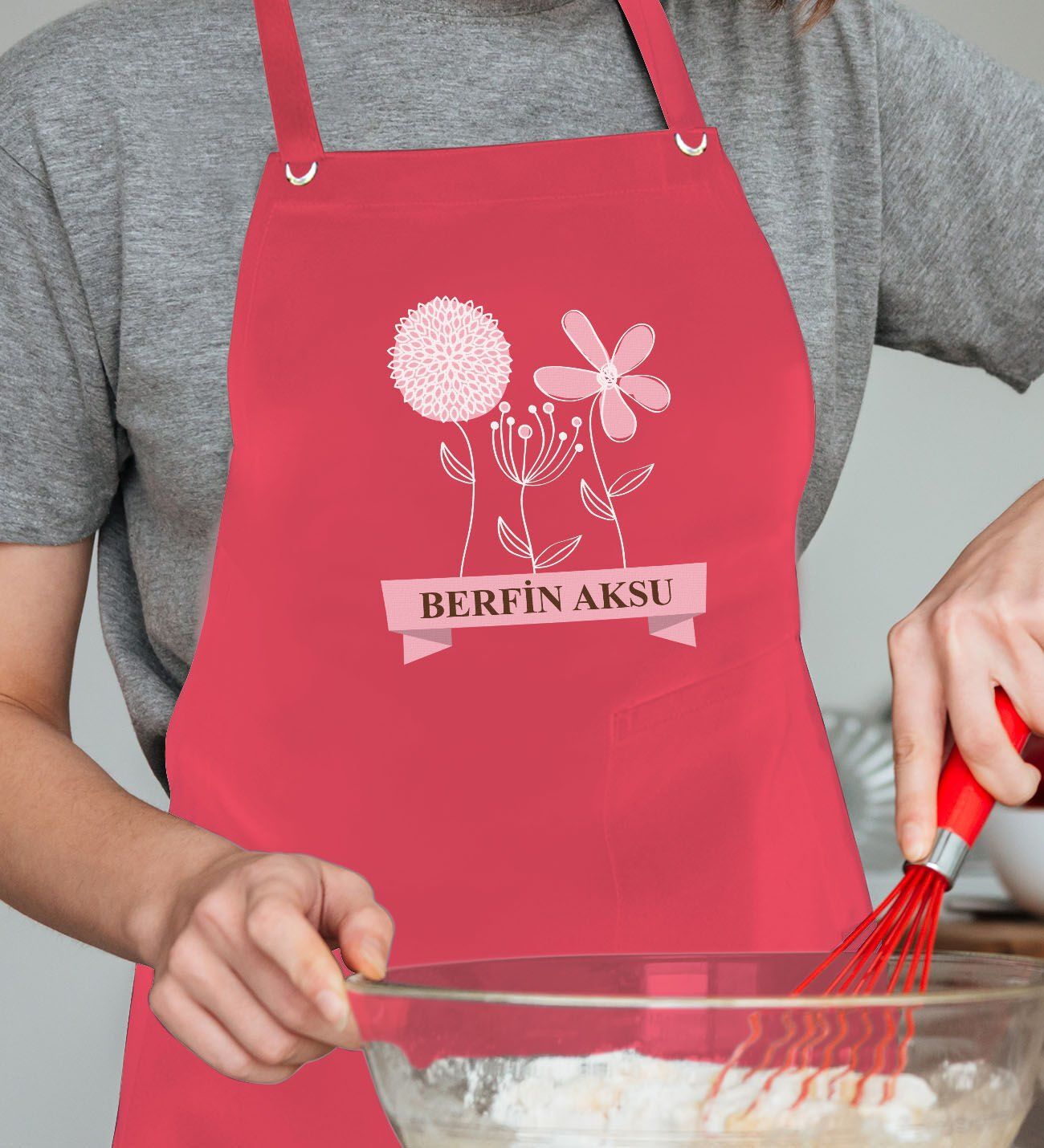BK Gift Kişiye Özel İsimli Anneler Günü Tasarımlı Profesyonel Kırmızı Mutfak Önlüğü, Aşçı Önlüğü, Şef Önlüğü, Anneye Hediye-14