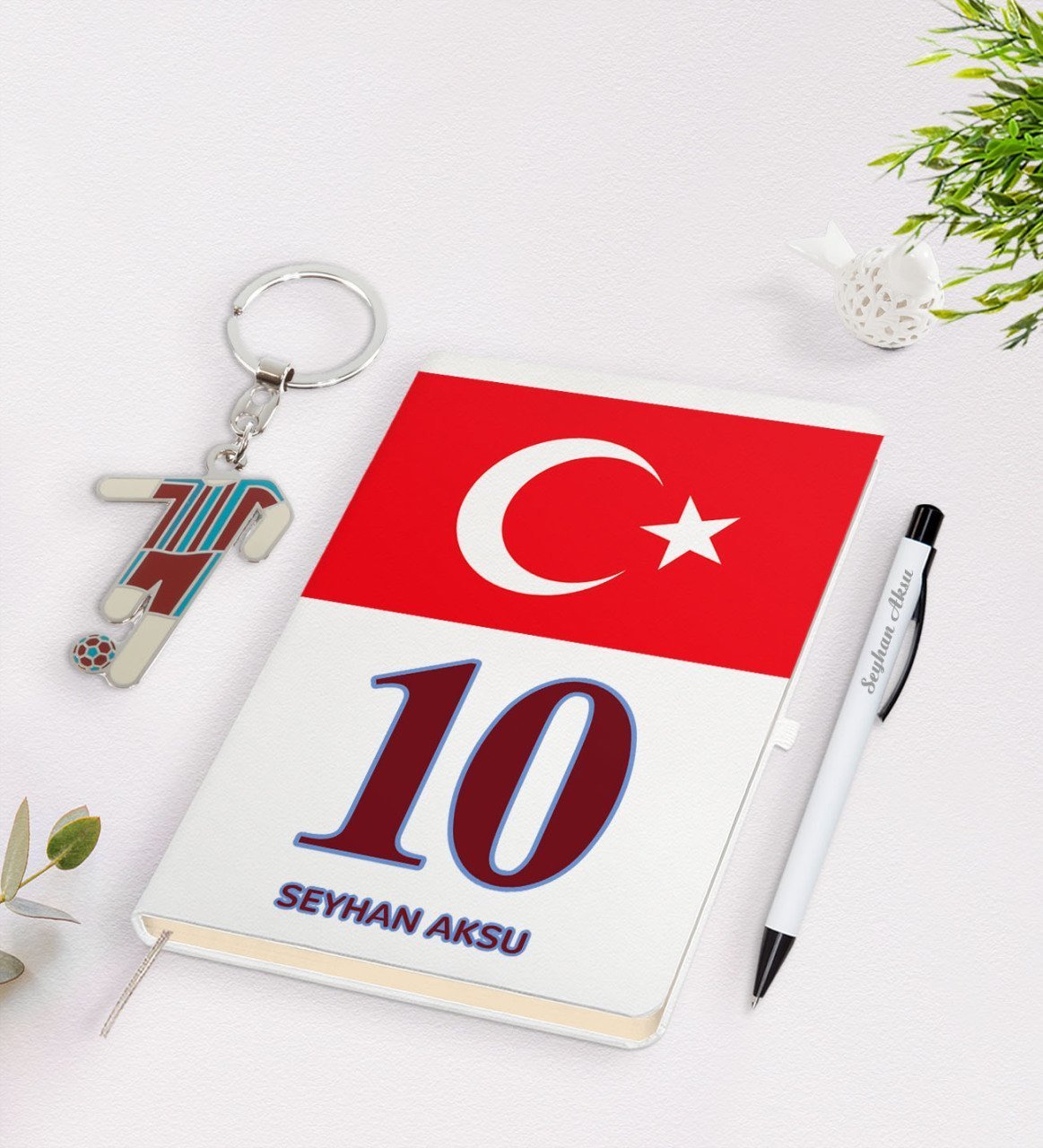 Kişiye Özel Bordo-Mavi Tasarımlı İsimli Defter kalem ve Formalı Metal Anahtarlık Model 2