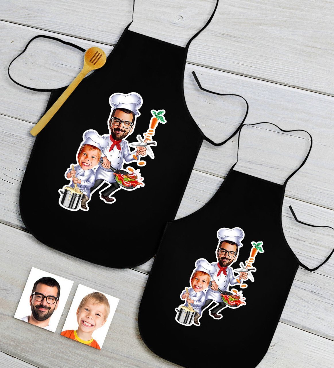 Kişiye Özel İkili Baba Oğul Karikatürlü Siyah Mutfak Önlüğü Seti-1