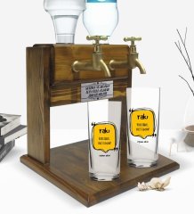 Kişiye Özel Renkli Baskılı Haydi Abbas Vakit Tamam Tasarımlı İkili Rakı Bardağı ve Çift Musluklu Doğal Ahşap Rakı Standı-1