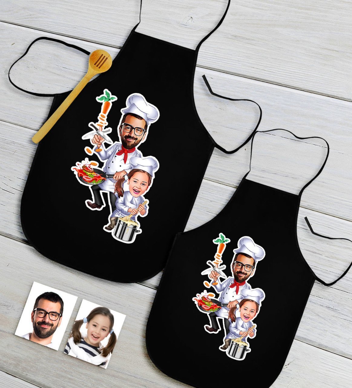 Kişiye Özel İkili Baba Kız Karikatürlü Siyah Mutfak Önlüğü Seti-1