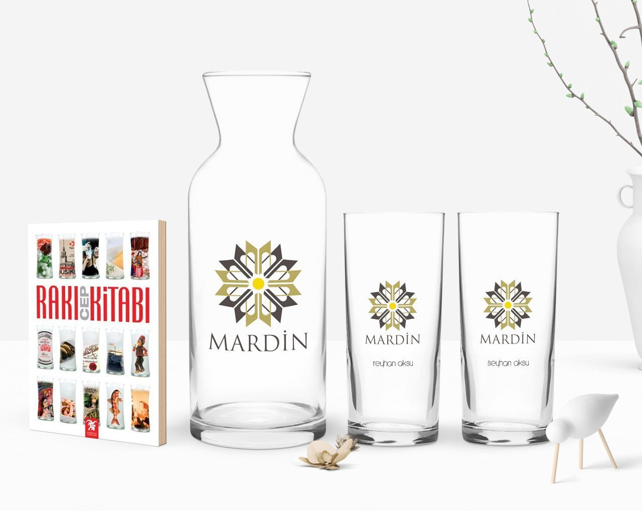 Kişiye Özel Renkli Baskılı Mardin Tasarımlı Turistik İkili Rakı Bardağı Karaf ve Cep Kitabı Hediye Seti-1