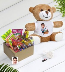 Kişiye Özel Bay Öğretmen Karikatürlü Nostaljik Lezzetler Peluş Ayıcık Hediye Seti-5