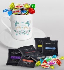 Kişiye Özel Sevgililer Günü Türk Kahvesi Fincanı Selamlique Karışık Türk Kahvesi ve Haribo Şeker Hediye Seti-123