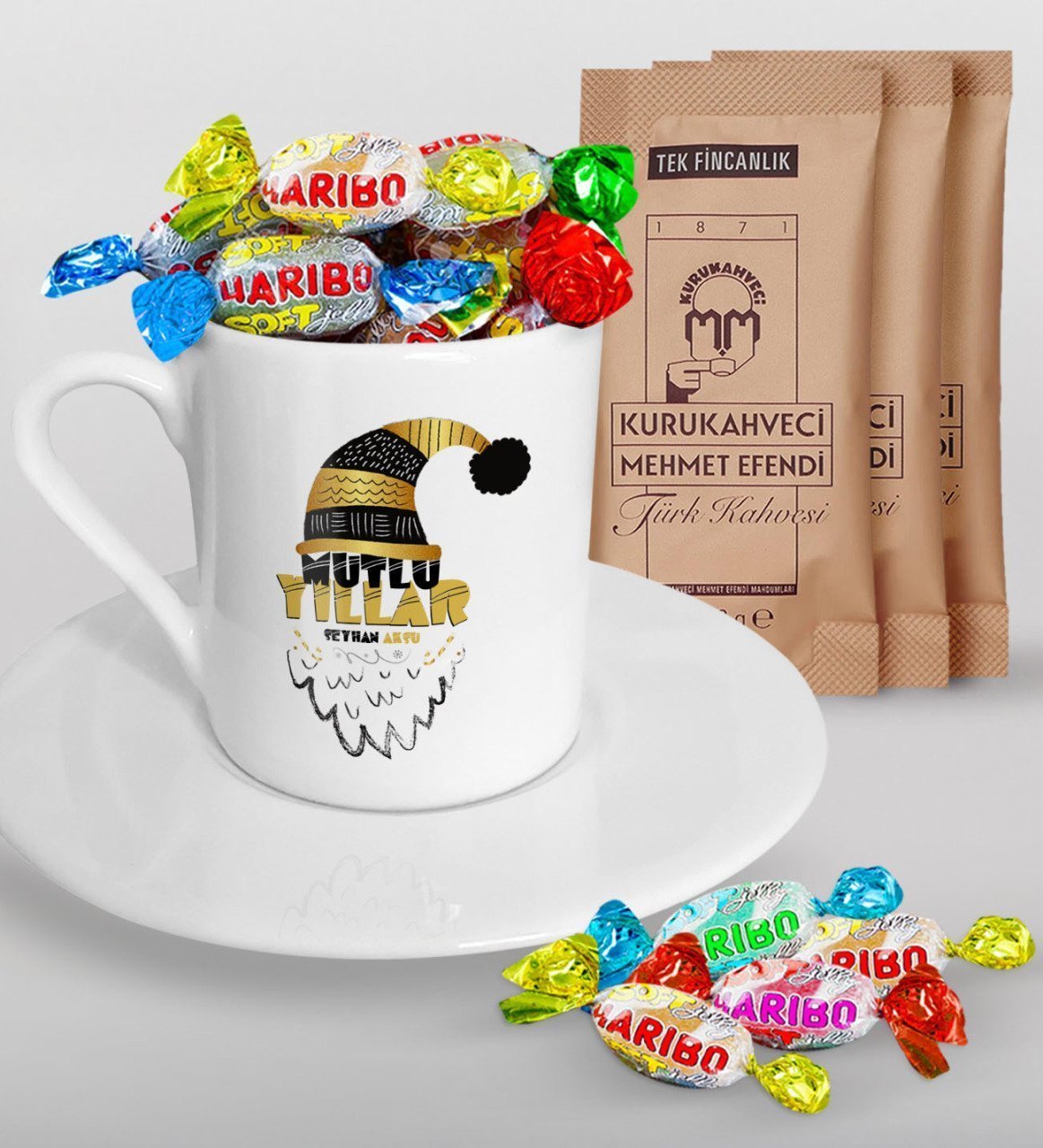 Kişiye Özel Yılbaşı Mutlu Yıllar Türk Kahvesi Fincanı Mehmet Efendi Kahve ve Haribo Şeker Hediye Seti-8