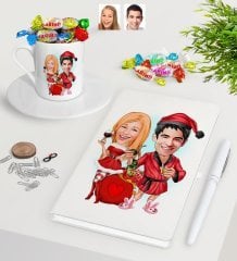 Kişiye Özel Yeni Yıl Sevgililer Karikatürlü Beyaz Defter Kalem Türk Kahvesi Fincanı ve Haribo Şeker Hediye Seti-5