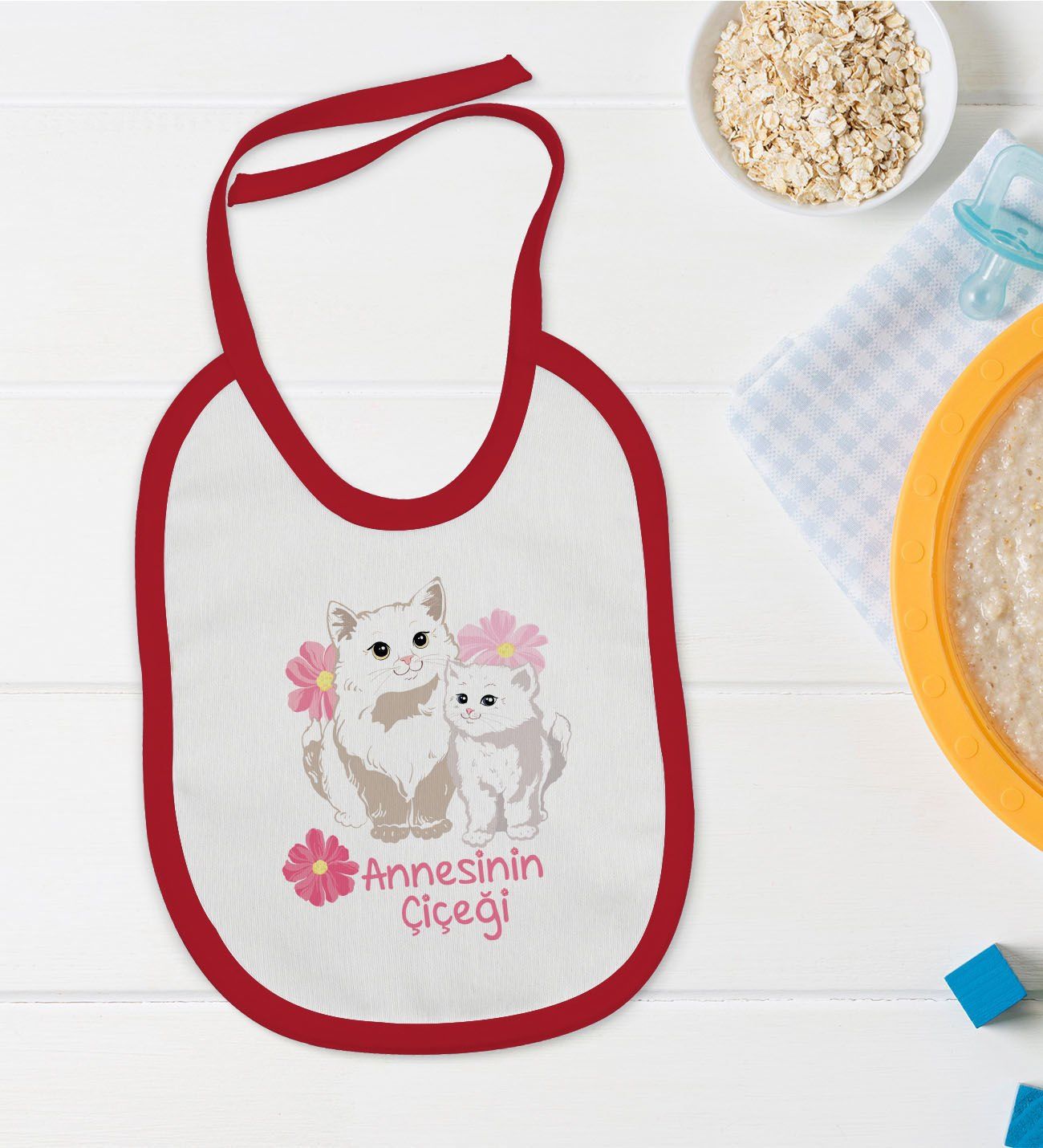 BK Kids Annesinin Çiçeği Tasarımlı Kırmızı Bebek Mama Önlüğü-1